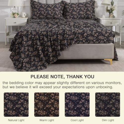 Image of Vintage Dark Floral Muslin Bed Sheets Queen Size Deep Pocket, 4Pcs