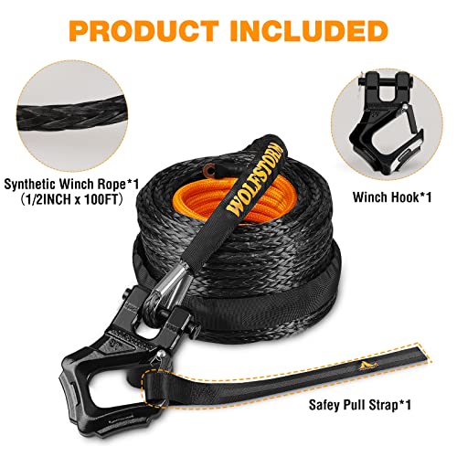 Wolfstorm Synthetic Winch Rope Cable Kit: 1/2''X100Ft Winch Line Cable W/Protective Sleeve+Heavy Duty Forged Winch Hook+Safety Ribbon|33000 Lbs Max Break Strength For 4Wd Off-Road Vehicles Suv #TOP4
