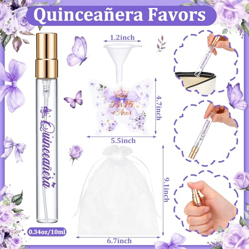 Domensi 30 Sets Quinceanera Party Favors for Guests Recuerdos Para Mis 15 Años Quinceanera Gifts Bulk 0.34oz Mini Spray Perfume Bottles with Butterfly Card Funnel Bow 15th Birthday Party Favor(Purple) by Domensi - Used condition - Image 3