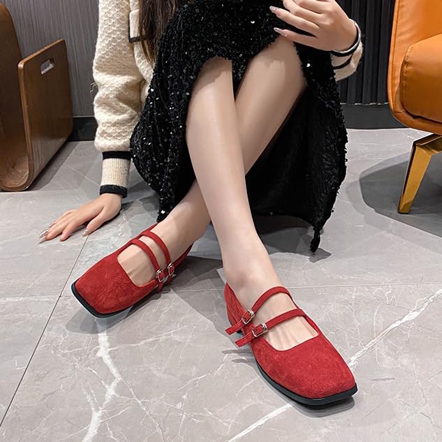 Square Toe Mary Jane Flats for Women Suede Ballet Flats with Strap Slip On Casual Retro Mary Janes Shoes Dressy4