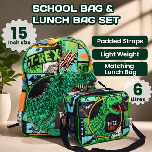 Image of Dino Backpack & Dino Theme Lunch Box Set for Boys & Girls 15 Inch with Insulated Lunch Bag | Cute Kids Backpack Water Bottle Pocket, Padded Straps | Travel & School Bag Combo