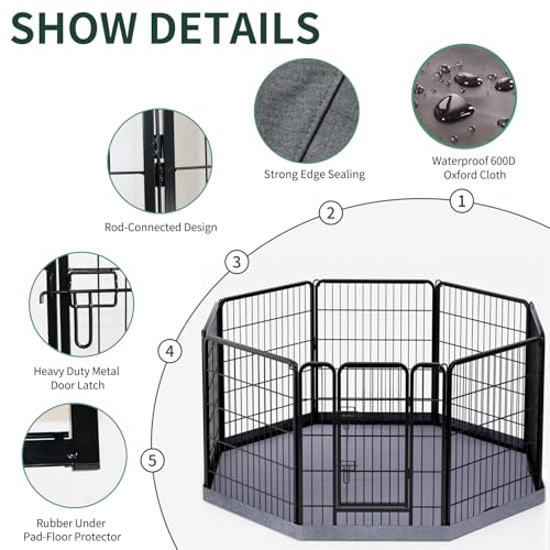 Image of PETIME Dog Playpen,Metal Exercise Puppy Pen Heavy Duty Kennels Yard Fence Indoor /Outdoor 27 inch W x 32 inch H 8 Panels Dog Cage with Octagon Bottom Pad