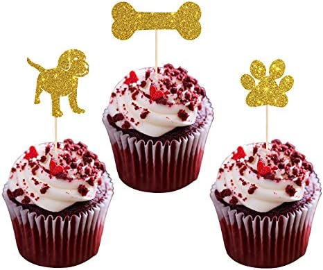 Gold Glitter Dog Cupcake Toppers - Puppy's Birthday/Baby Shower Cupcake Toppers, Dog Puppy Theme or Kids Birthday Baby Shower Party Supplies （24 Pcs）