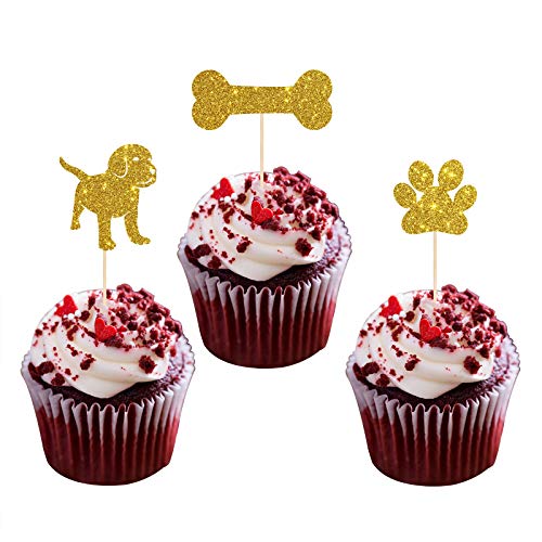 Gold Glitter Dog Cupcake Toppers - Puppy's Birthday/Baby Shower Cupcake Toppers, Dog Puppy Theme Or Kids Birthday Baby Shower Party Supplies （24 Pcs） #TOP2