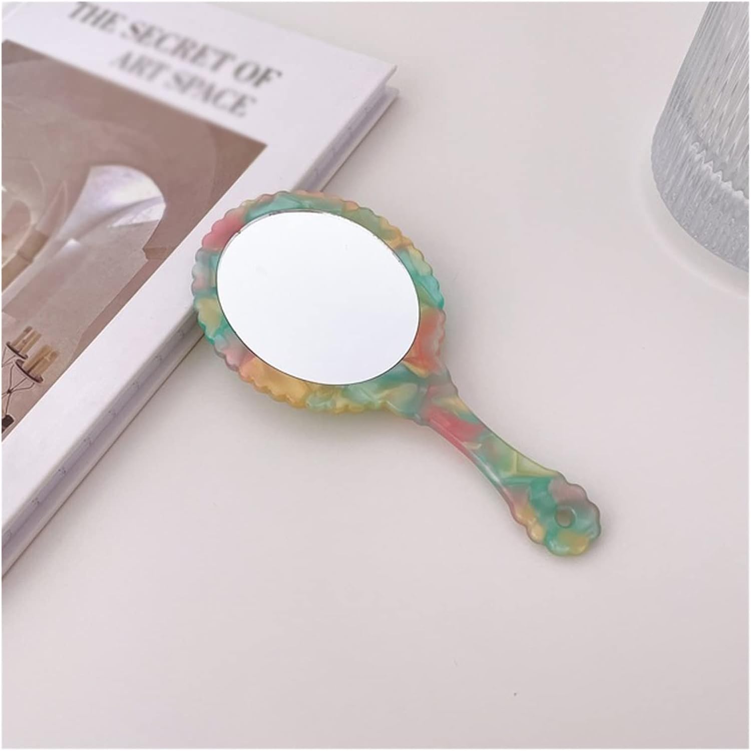 Material Makeup Handheld Circular with Handle Hand Salon Compact Mirrors Cosmetic(E)
