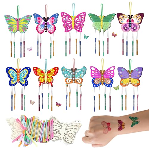 Image of 8 PCS Butterflies Wind Chime Crafts, Make Your Own Butterflies WindChime, Birthday Decoration Wood Painting Craft with Hanging, Birthday Gifts for Girls Boys