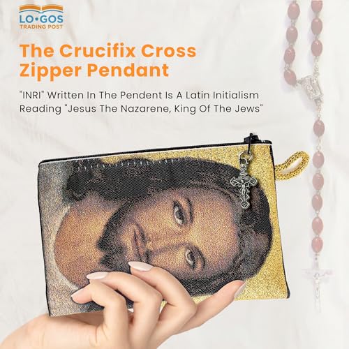 Image of Catholic Rosary Pouch, 4 inch x 6 inch Jewelry & Coin Purse with Cross, Small Woven Tapestry Icon Bag, Bolsa de Rosario Catolico para Joyeria, Virgin Mary and Baby Jesus & Face of Christ, 4 inch x 6 inch