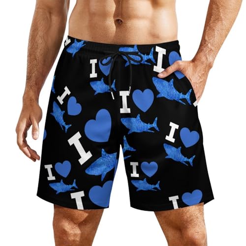 I Love Sharks Beach Shorts for Men Swim Trunks Quick Dry Swim Shorts with Compression Liner Pocket