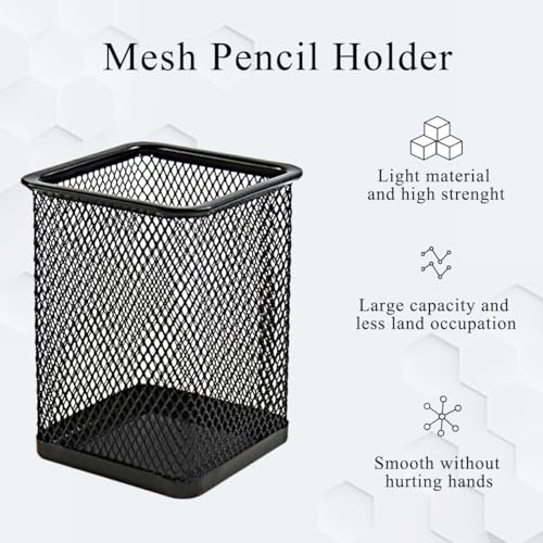 DARUITE Pen Pot, 2PCS Square Metal Mesh Pen Holer for Desk Multifunctional Pencil Pot, Desk Tidy Organiser for Office Home School Black - Image 3