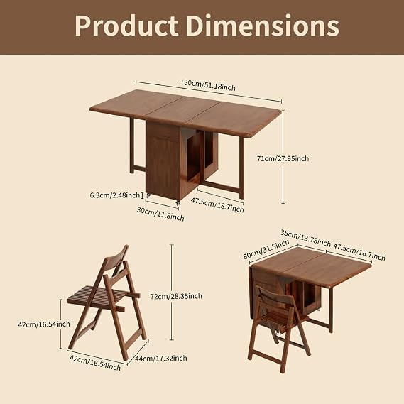 Folding Drop Leaf Dining Table and Chairs Set 4 Seater, Ready Assembled Space Saving Foldable Solid Wood Kitchen Table with Storage and Lockable Wheels (Walnut, 130 cm Table with 4 Chairs)