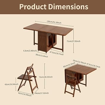 Folding Drop Leaf Dining Table and Chairs Set 4 Seater, Ready Assembled Space Saving Foldable Solid Wood Kitchen Table with Storage and Lockable Wheels (Walnut, 130 cm Table with 4 Chairs)