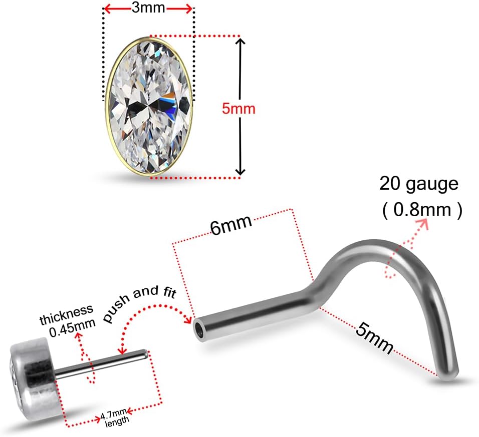Oval Shape with Cz Stone Push Fit Top 20 Gauge G23 Grade Titanium Corkscrew Twist Nose Screw - Tiny Nose Stud - Nose Piercing Body Jewelry