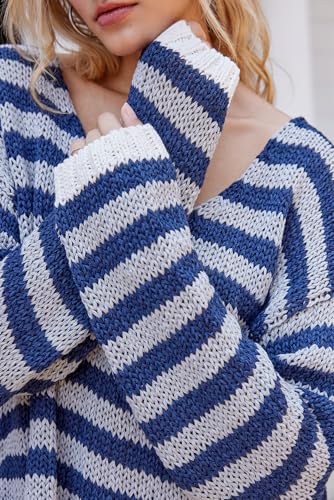 Image of Women's V Neck Long Sleeve Sweaters 2024 Fall Oversized Striped Color Block Drop Shoulder Knit Side Slit Pullover Tops