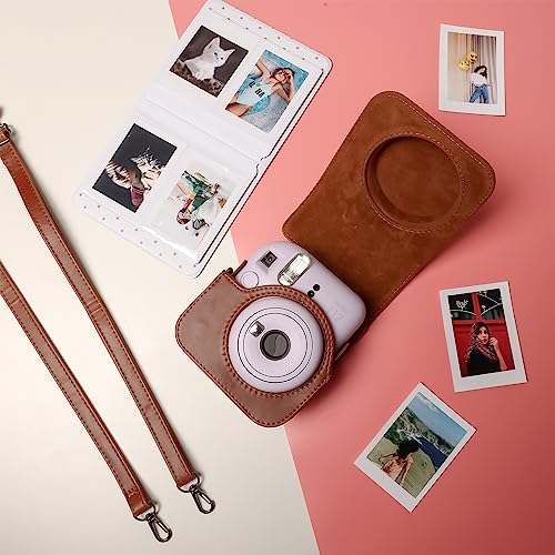 Meetikar Kameratasche und 64 Taschen Fotoalbum kompatibel mit Fujifilm Instax Mini 12 Sofortbildkamera, PU Leder tragbare Mini 12 Kameratasche mit verstellbarem Schulterriemen (Braun)