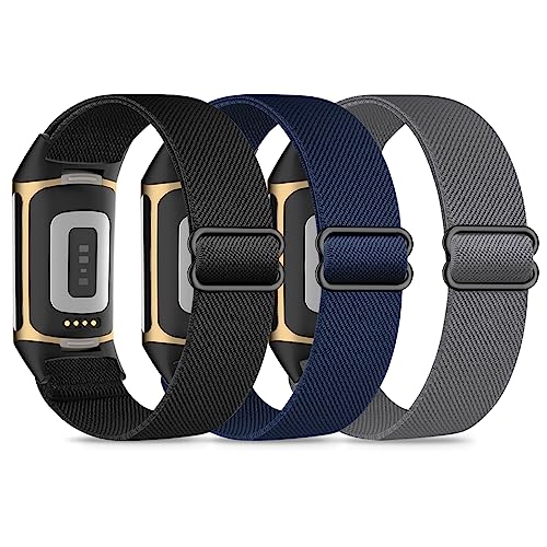 Kollody 3 Pack Nylon Elastic Watch Bands Compatible with Fitbit Charge 6,Soft Stretchy Breathable Adjustable Loop Fabric Sport Replacement Strap for Fitbit Charge 5 Women Men.