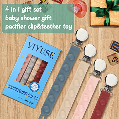 Viyuse One-Piece Paci Chain Pacifier Clip Silicone Pacifier Holder Teether Clip Soothers Binky Holder For Baby Pacifier Leashes&Cases Girls And Boy Birthday Christmas Shower Gift Grey 4Pack #TOP4