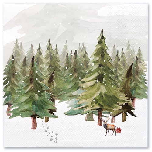 WRAPAHOLIC 50Pcs Christmas Paper Napkins - Winter Watercolor Pine Forest Elk 3-Ply Disposable Luncheon Napkin for Christmas Party Supplies Tableware, Xmas Holiday - 6. 5 x 6.5 In