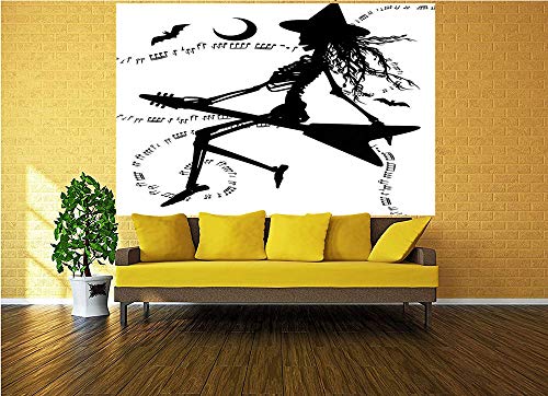 116X83 Inches Wall Mural,Witch Flying On Electric Guitar Notes Bat Magical Halloween Artistic Illustration Peel And Stick Self-Adhesive Wallpaper Removable Large Wall Sticker Wall Decor For Home Offic #TOP1