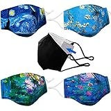Lulu Starr New York 5PK Three Layer Cotton Cloth Mask with Filter Pocket, Nose Wire & Adjustable Ear Loops. Reusable Washable Breathable. 1 Black Mask + 4 Art Print Masks