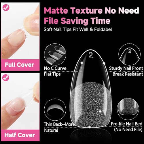 Image of UNA GELLA 504Pcs Medium Pointed Almond Nail Tips, Pre-shape Almond Gel Nail Tips Half Matte Full Cover Acrylic Clear Press on Fake Nails Tips for Nail Extension Nail Art DIY Salon 12 Sizes