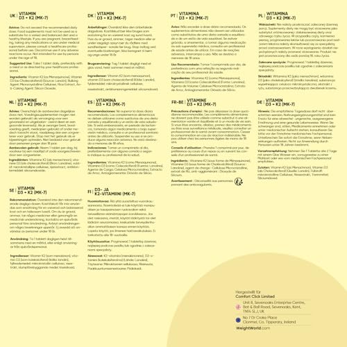 Vitamin D3 K2 2000 IE - 365 Tabletten - 2 Jahr Vorrat - Vitamin D trägt zur Erhaltung normaler Knochen und Muskeln bei (EFSA) - 1 Vit D3 K2 Tablette alle 2 Tage - WeightWorld