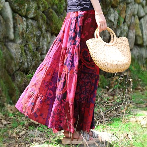 Boho Women Printed Cotton Linen Maxi Skirt Casual Patchwork Skirt Beach Travel Outfit2