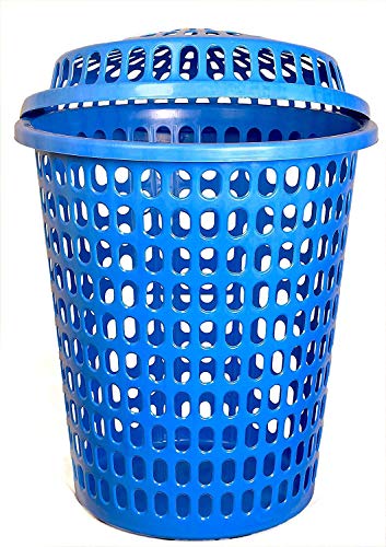 Image of Plastic Laundry Basket With Lid Big Size For Clothes 50 Litre Hamper Bag Dress Storage Toys Organiser Cover Combo With Cap Heavy Duty Round Shape (1 Pcs, Blue)