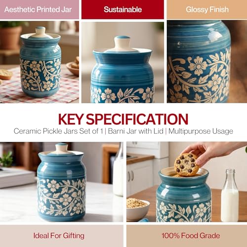 Image of Sky Blue Floral Ceramic Handglazed Pickle Jars Set of 1-1000 ML Each | 1 kg Achaar Martban Barni Jar with Lid | Ceramic Storage Jar Container Pickle, Chatney