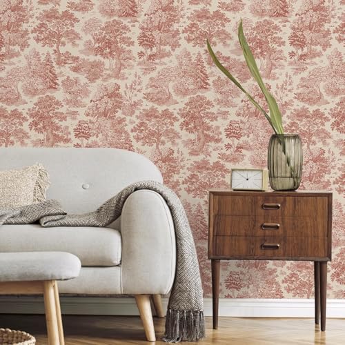 Image of Textured Wallpaper Peel and Sticks Vintage Flowers Leaves Pattern Design Toile de Jouy Wallpaper, Red and Cream, Pastoral Landscape Pattern, French Country Style Vinyl Adhesive 16.5&87inch