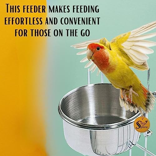 Image of Sage Square Rustproof Stainless Steel Cage Food, Seed, Water Feeder Cum Bowl with Holder clamp for Birds (250ml) (Pack of 2)