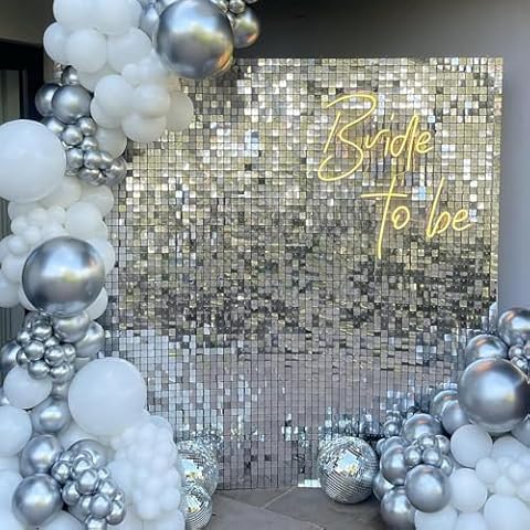 YSF 24Pcs Silver Shimmer Wall Panels Backdrop Decoration, 12 * 12 inch Sequin Square Shimmer Decor for Balloon Garland Arch Kit Valentine's Day Birthday Party Supplies Cover