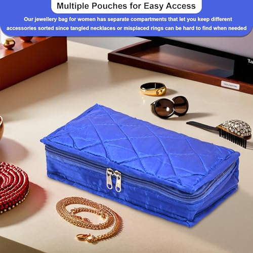Image of Kuber Industries Parachute Jewellery Pouches for Storage Necklace & Bangles with 4 Transparent Pouches | Jewellery Kit /Bag /Organiser for Women | Quilted Print - Blue