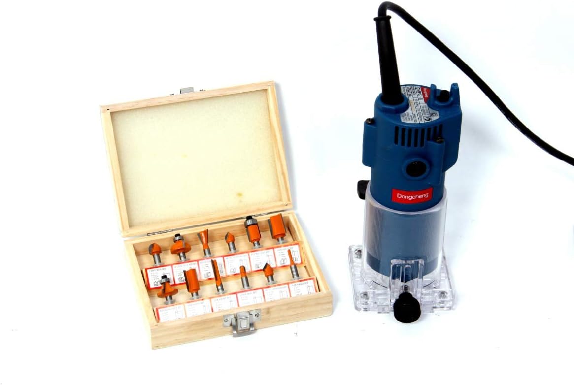 Dongcheng Trimmer Machine with 12-Pieces Different Shaped Router/Trimmer Bit Set 1/4-inch (6.35 mm Shank)
