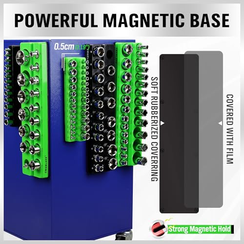 Image of Magnetic Socket Organizer Set, 6-piece 1 /4 inch, 3 /8 inch, 1 /2 inch SAE & Metric Sockets Holder, Drive Socket Trays, Storage Tool Box, Holding 143 Slots, Soft Rubber Covering Black Green Tools