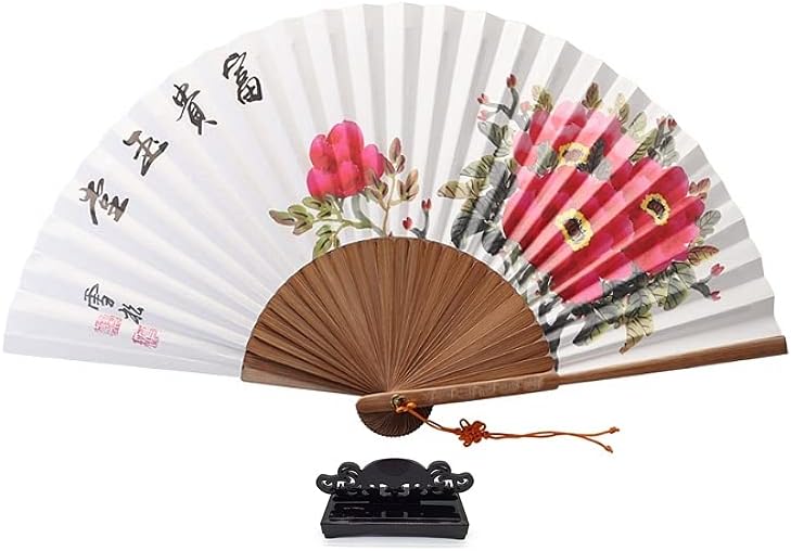 NDM Korean Hand Painted Folding Traditional Fan Peony Blossom Painting 모란 목단 전통 부채 Wooden Asian Oriental Wall Deco Handheld Decorative Fan with Stand