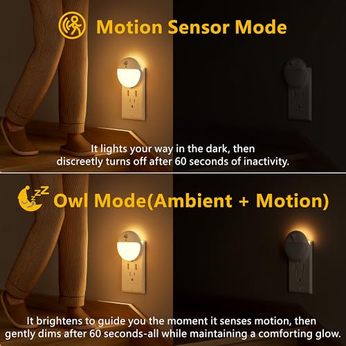 Image of YUNLEX 2 Pack Plug in Night Light with Motion Sensor and Dusk to Dawn Sensor, Stepless Dimming, Warm White LED Nightlight with 3 Lighting Ways for Bathroom, Bedroom, Kitchen, for Kids, Adults