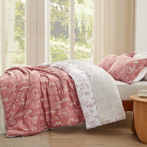 Image of Bedsure King Comforter Set - Pink Clay Bed Set, 3 Pieces Cute Floral Bedding, 1 Soft Reversible Botanical Flowers Comforter and 2 Pillow Shams