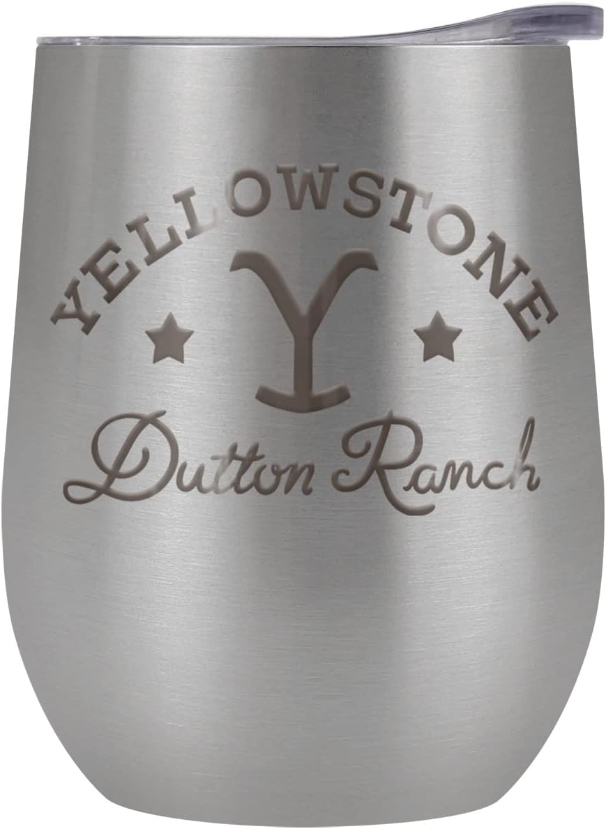Yellowstone Official Established Brand 12 OZ Silver Stemless Wine Tumbler, Stainless Steel Travel Cup|Lake Tumbler|Insulated with Leak Resistant Slide-Lock Lid