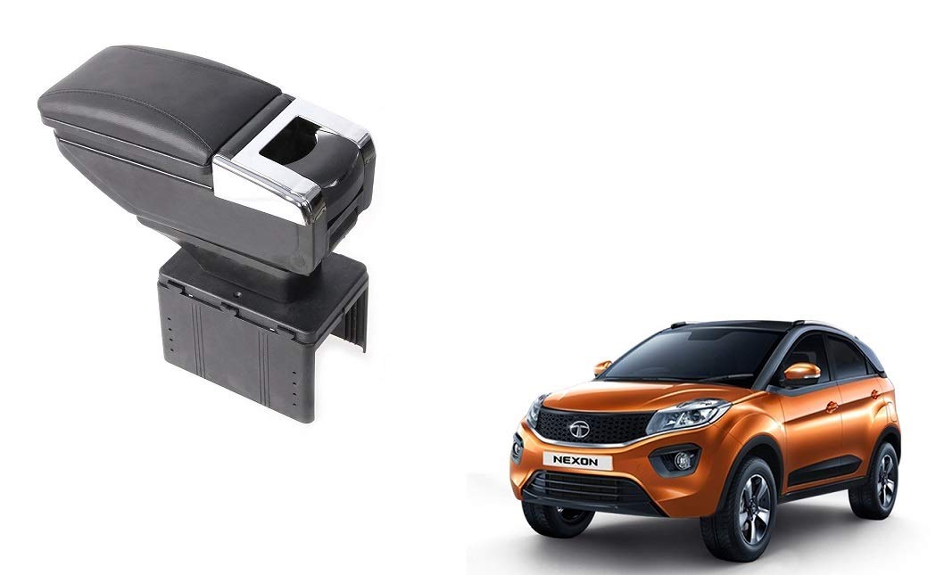 LuckShine Car Armrest with Glass Holder & Ash Tray Black & Chrome for