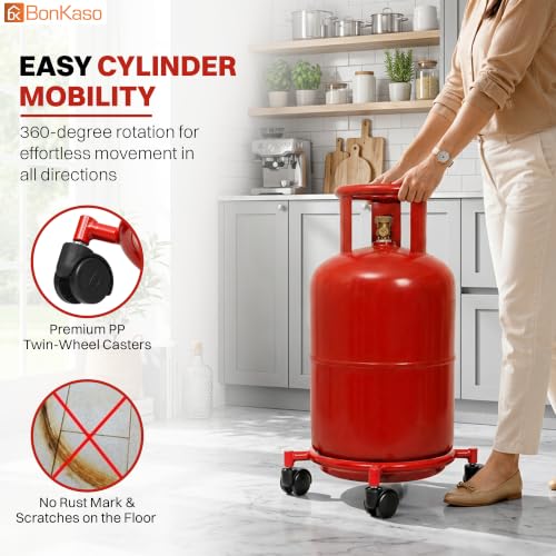 Image of Bonkaso Gas Cylinder Trolley with Handle, Heavy-Duty Alloy Steel Stand with 4 PP Twin-Wheel 360 Swivel Casters, 60 kg Load Capacity, Powder-Coated Red Finish