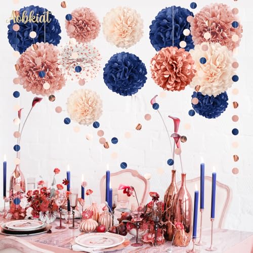Image of AOBKIAT Rose Gold and Navy Blue Party Decorations Set,15PCS | with Paper Pom Poms,Garland for Women Mother,Engagement Anniversary,30th,40th,50th,60th,Birthday Party