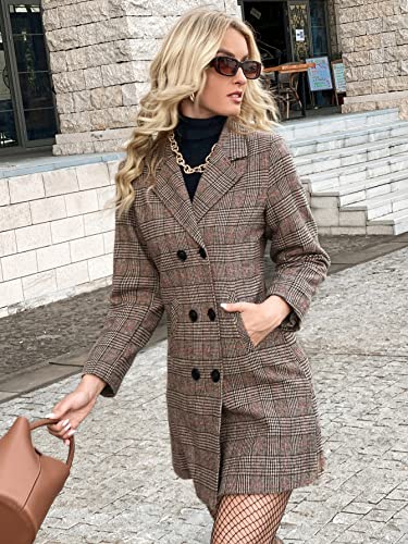 Shein Women's Lapel Collar Coat Long Sleeve Plaid Blazer Outerwear Brown Medium #TOP4