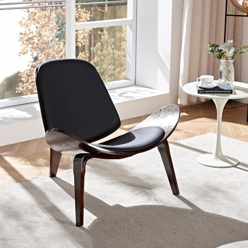 Furb Wood Accent Chair - Faux Leather Armchair, Single Lounge Chair for Indoor, Living Room, Library (Black)