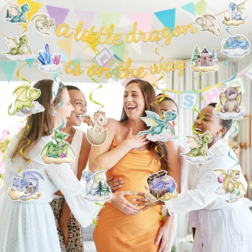Image of Dragon Baby Shower Decorations Include A Little Dragon is On The Way Banner and Hanging Swirls Dragon Theme Party Supplies
