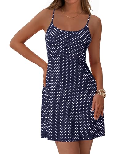 Image of NOLLSOM Spring Dresses for Women 2026 Casual Spaghetti Strap Bodycon Mini Dress Beach Vacation Outfit(Polka Dots Navy White,Small)