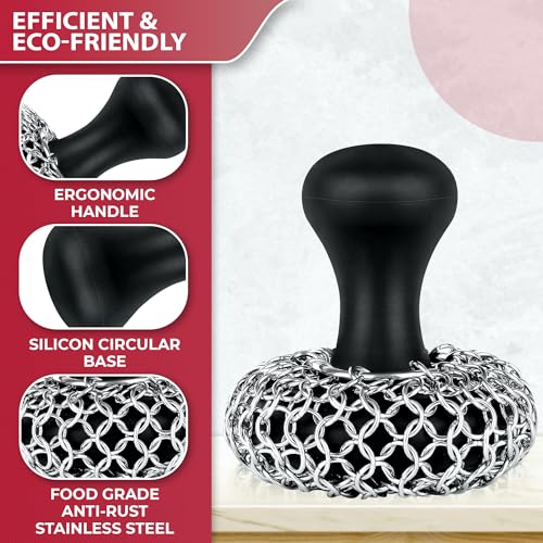 Image of Zylark 316L Chainmail Scrubber Cleaner - Chain Mail Scrubber Cast Iron - Cast Iron Skillet Scrubber - Chain Scrubber with Long Handle
