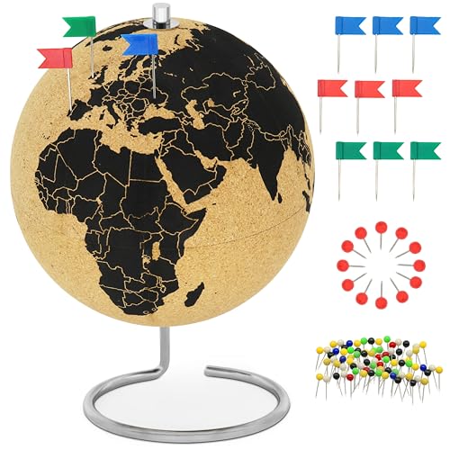 Mappamondo in sughero alto 25 cm con 54 spilli diversi - Mappamondo girevole in sughero - Mappamondo come idea regalo per giramondo