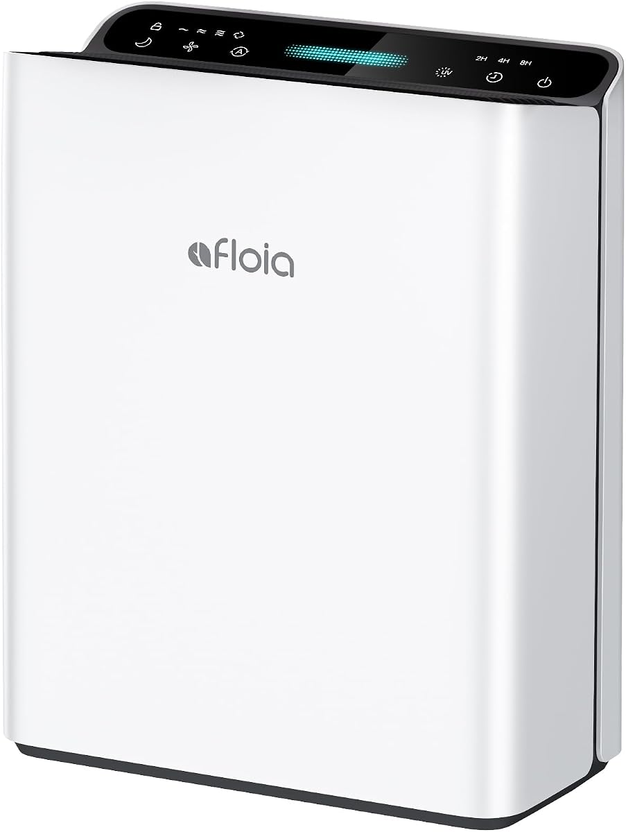 Afloia Air Purifier for Home, 2,000 Ft², PM2.5 Monitor, Washable Pre-Filter | Europa 2.0 White features Smart Auto Mode, a PM2.5 Air Quality Monitor, and a washable pre-filter for pet-friendly homes.