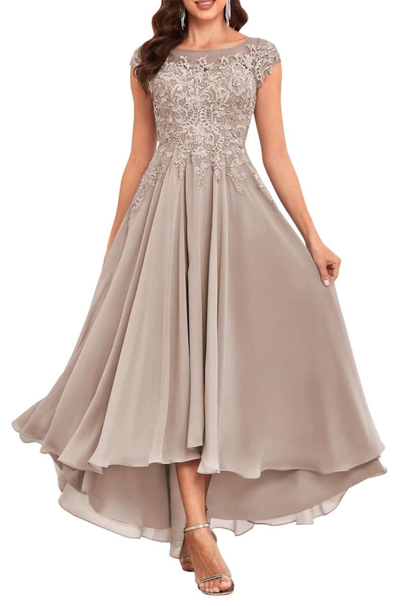 KURFACE Tea Length Mother of The Bride Dresses for Wedding Lace Appliques Chiffon Cap Sleeve Taupe Formal Dress UK8