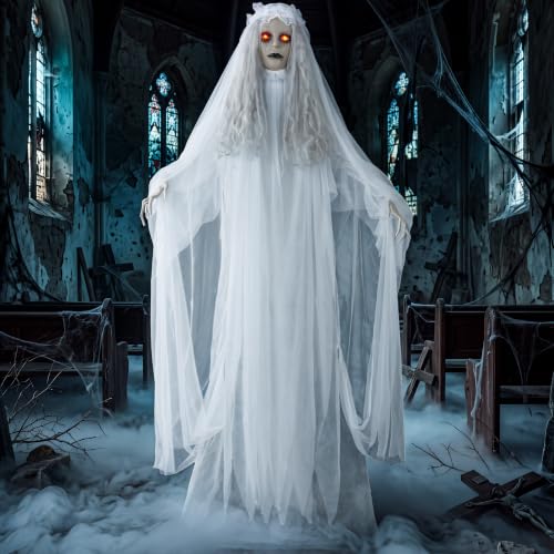 Image of JOYIN 67 inch Halloween Decorations Outdoor Life Size Bride Decor, White Ghost Haunted House Props with Creepy Sound for Garden Yard Lawn